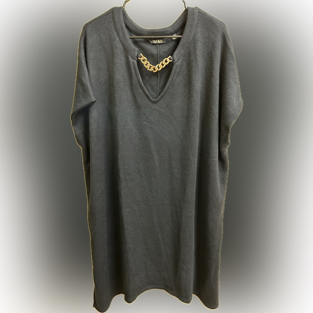 🔥5/$35🔥 IMAN Black Tunic Dress W Gold Chain Accent - Picture 2 of 5